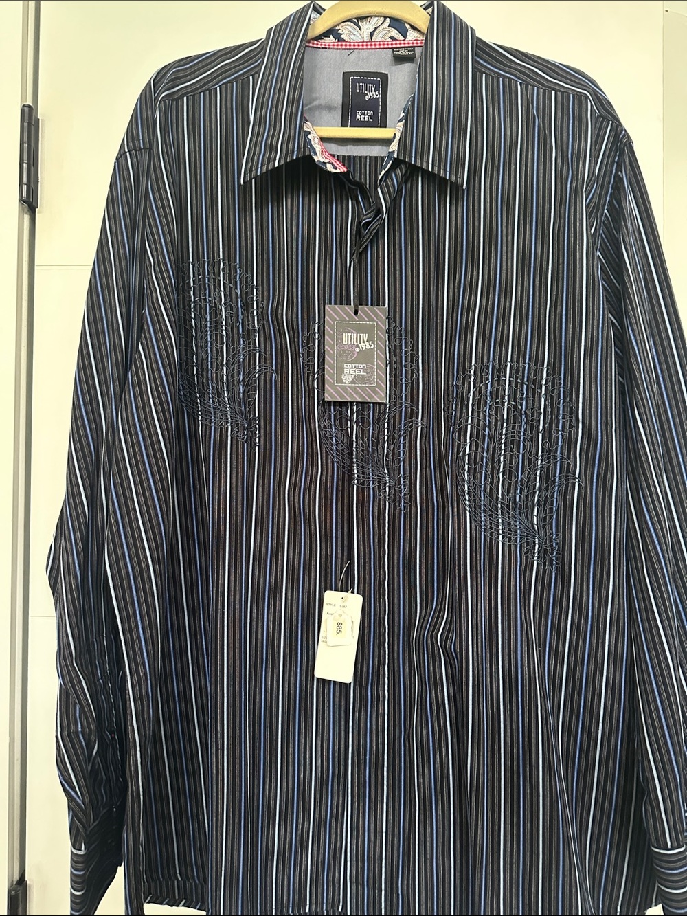 Men's Black Dress Shirt with Blue Pinstripes